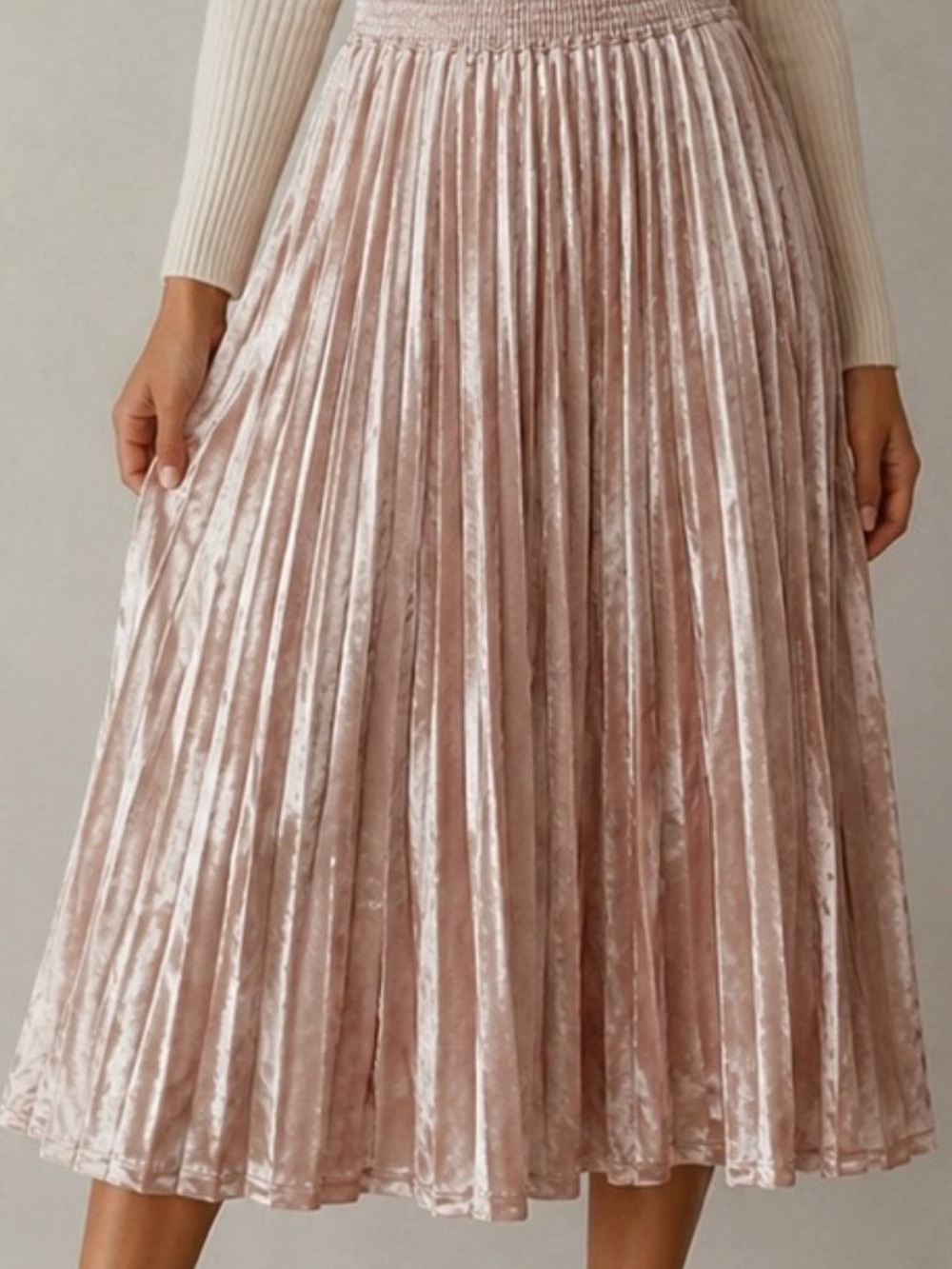 a new day Blush Pink Pleated Crushed Velvet Midi Skirt